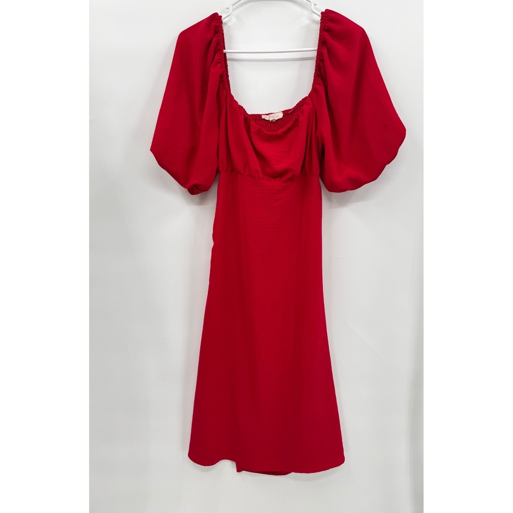 Pie In The Sky Large Midi Dress Womens Red Puff Sleeve Back Tie Cutout JD22282